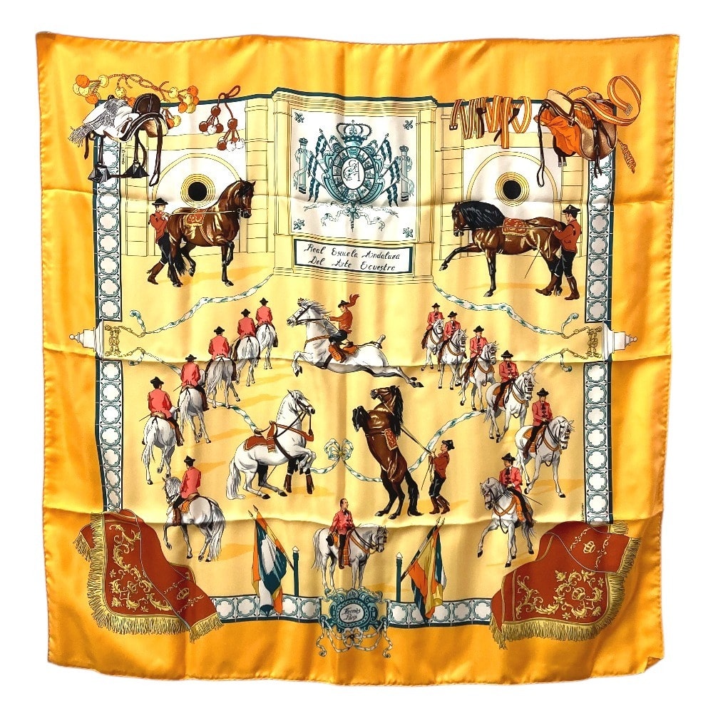 エルメス HERMES カレ90 カレ 90 Real Escuela Andaluza Del Arte Ecuestre 王立アンダルシア馬術学校 スカーフ シルク オレンジ 美品
