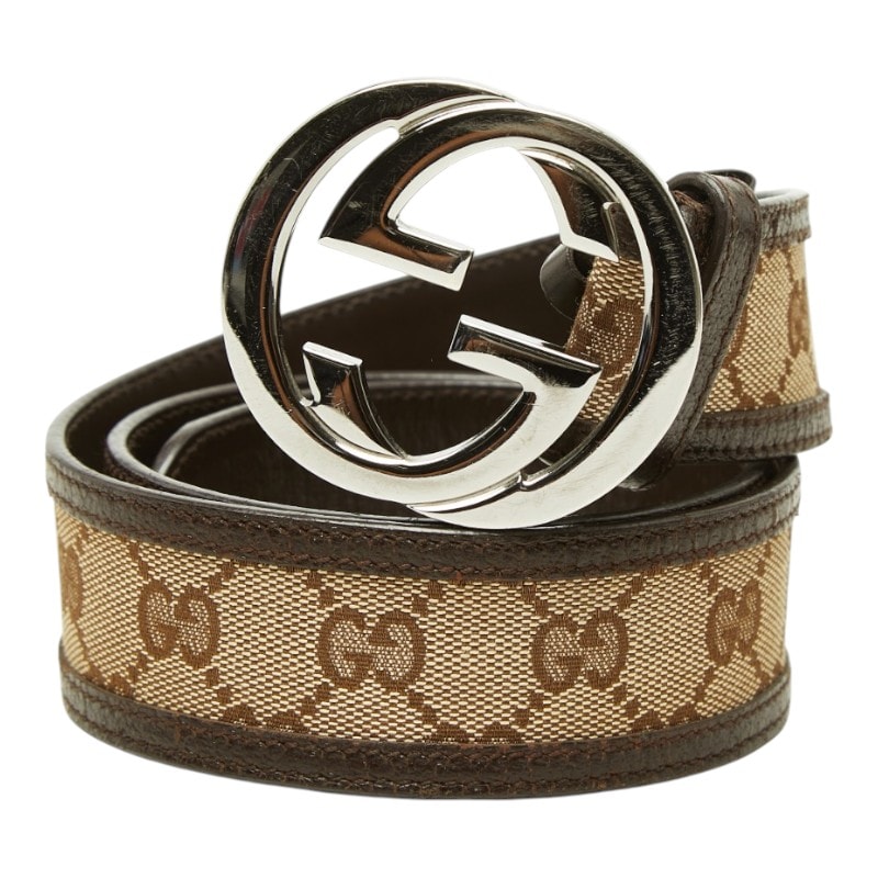グッチ GGキャンバス インターロッキングG ベルト サイズ 80/32 114876 ブラウン キャンバス レザー レディース GUCCI 中古
