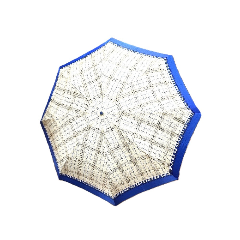 ディオール Dior ロゴ チェック柄 ヴィンテージ アンブレラ 雨具 レイングッズ 折りたたみ 傘 ナイロン ホワイト×ブルー