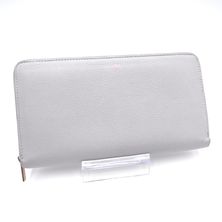 CELINE(セリーヌ)ラウンドファスナー 長財布 グレー レザー ピンク内装 ゴールド金具 レディース【中古】
