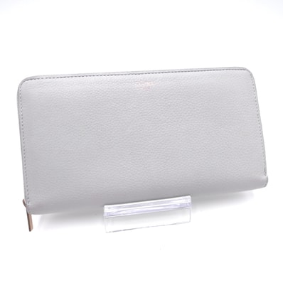 CELINE(セリーヌ)ラウンドファスナー 長財布 グレー レザー ピンク内装 ゴールド金具 レディース【中古】