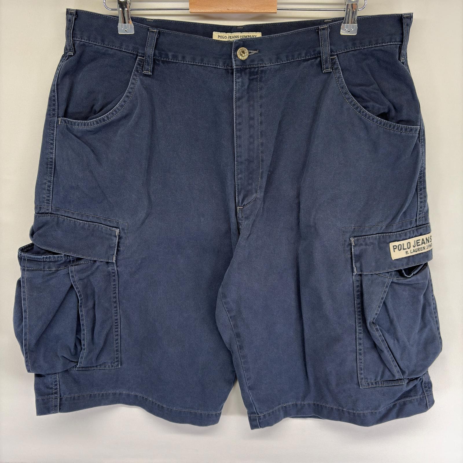 古着 ポロジーンズ POLO JEANS パンツ チノ カーゴ ハーフ ショート ジッパーフライ ワンポイントロゴ w38  ネイビー系 メンズ