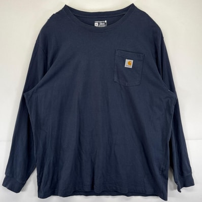 古着 カーハート Carhartt 長袖Tシャツ クルーネック 大きいサイズ ワーク ワンポイントロゴ 2XL ネイビー メンズ