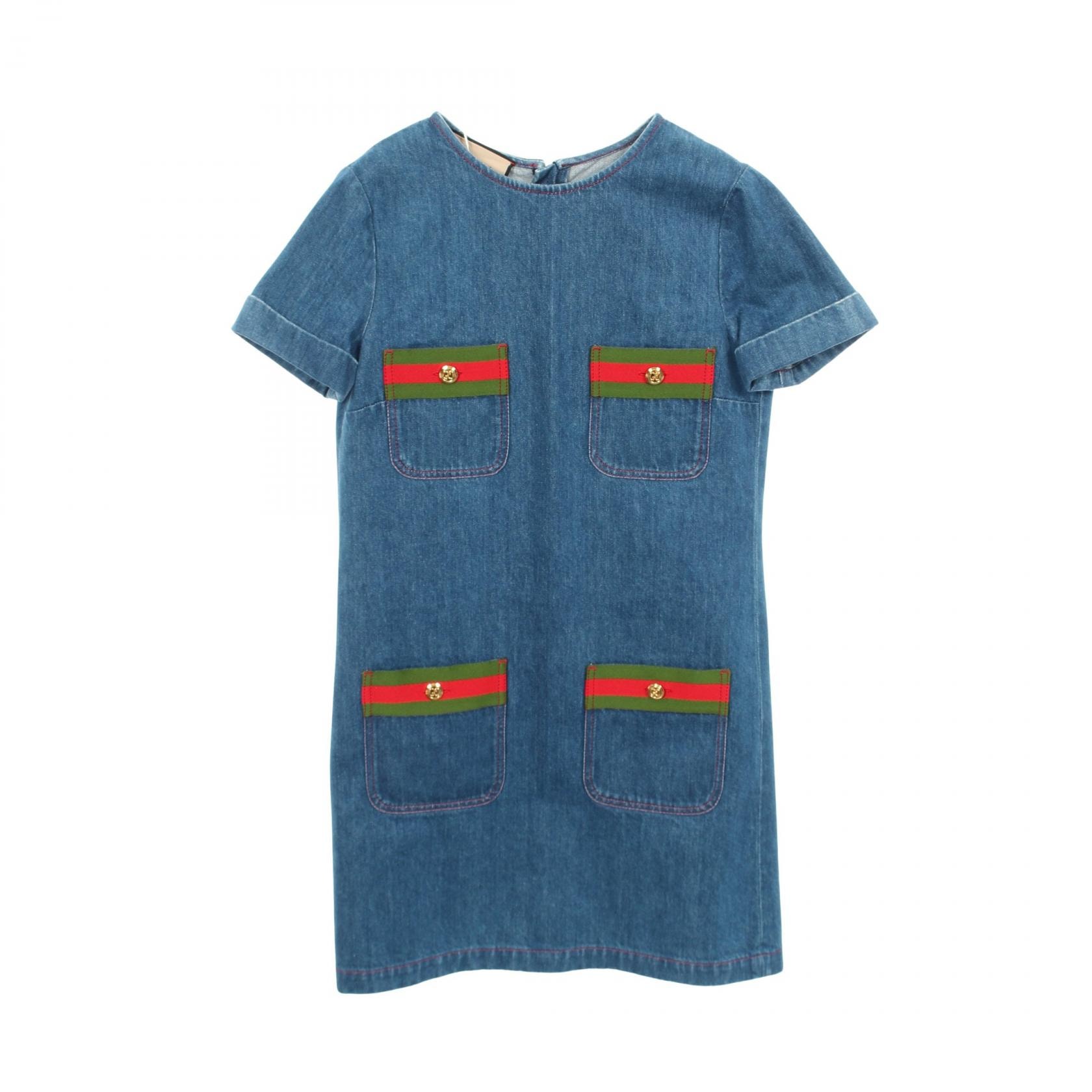 グッチ GUCCI インターロッキングGボタン シェリーライン 半袖 デニム ワンピース 衣料品 トップス コットン レディース ブルー系 678827 【中古】