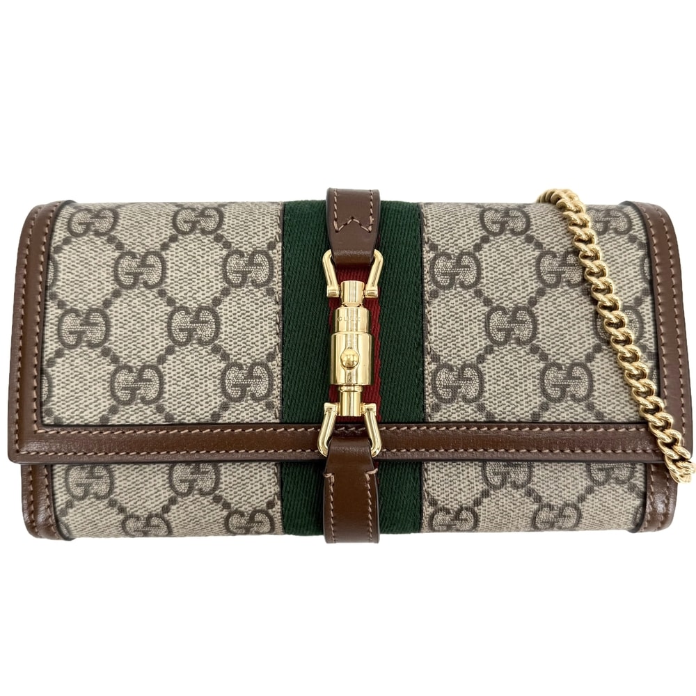 GUCCI グッチ チェーンウォレット シェリーライン 肩掛け 斜め掛け ジャッキー1961 長財布 ロングウォレット 652681 GGスプリームキャンバス レザー ベージュ ブラウン 茶 ゴールド金具 レディース 美品【中古品】