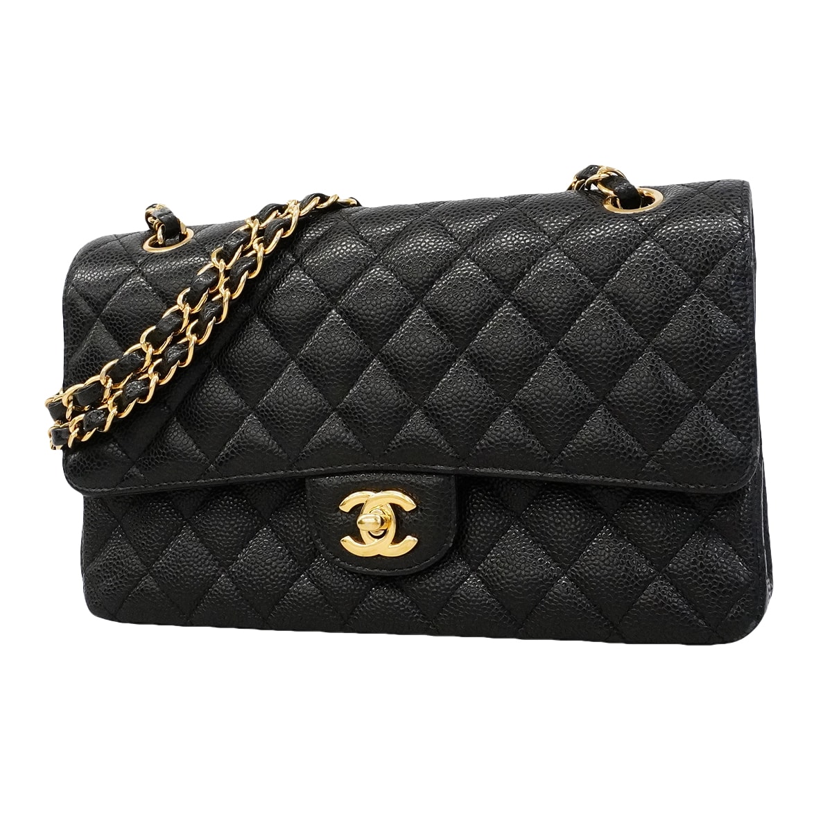 ★SALE【6gc3155】シャネル ハンドバッグ マトラッセ Wフラップ Wチェーン キャビアスキン ブラック ゴールド金具【中古】レディース