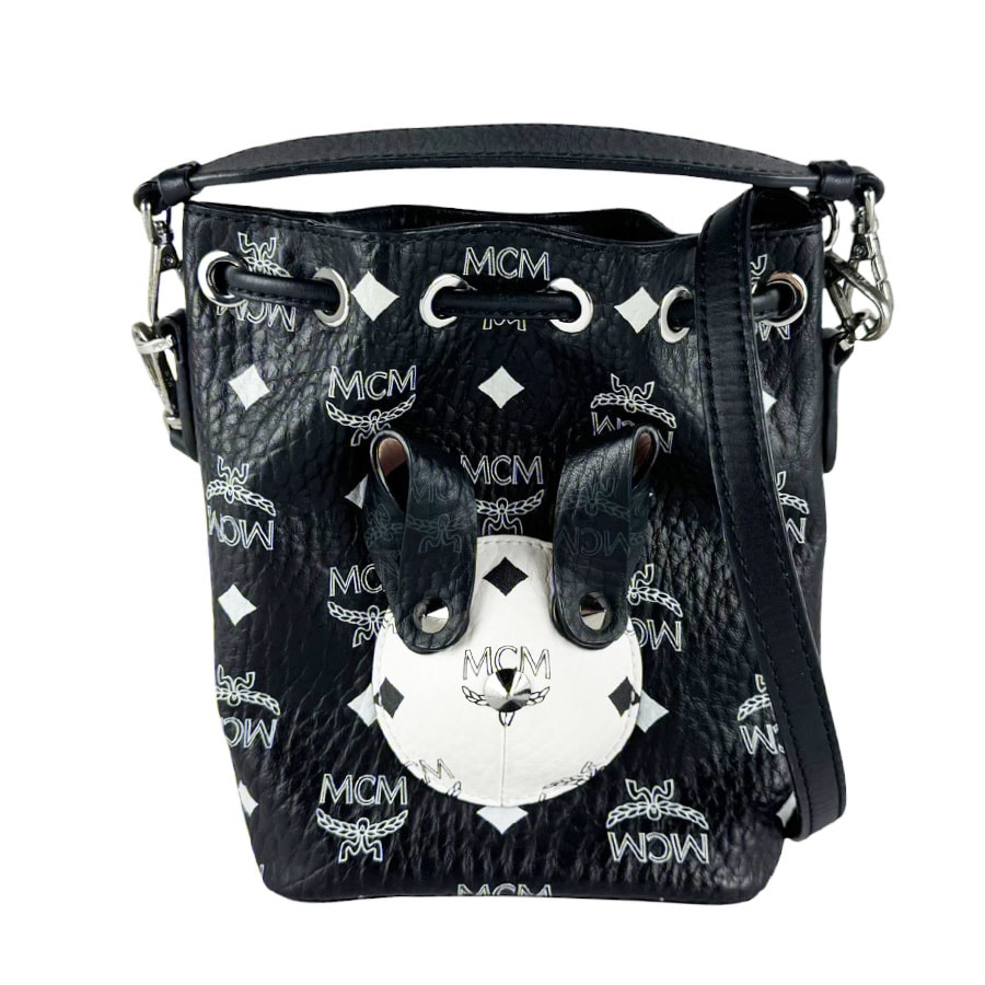 エム シー エム MCM 斜め掛けショルダーバッグ ハンドバッグ レザー ブラック/ホワイト シルバー レディース【中古】 z10637