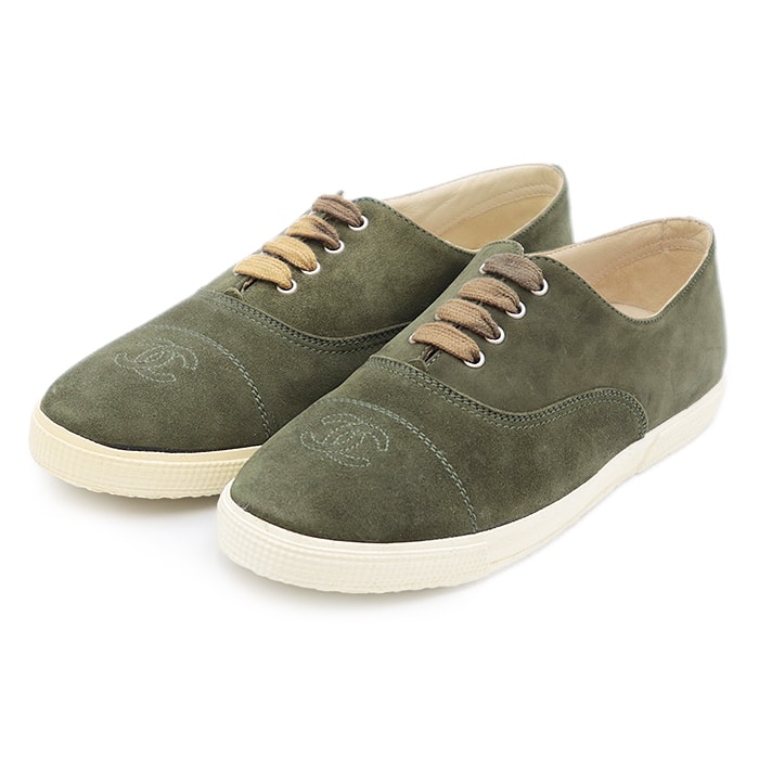 シャネル ヴィンテージ COCOマークステッチ ヌバック レザー スニーカー レディース オリーブ 37 CHANEL