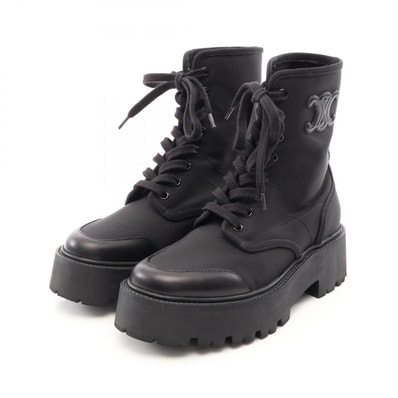 セリーヌ CELINE バルギー レースアップ ブーツ 靴 ナイロン レザー レディース ブラック系 【中古】