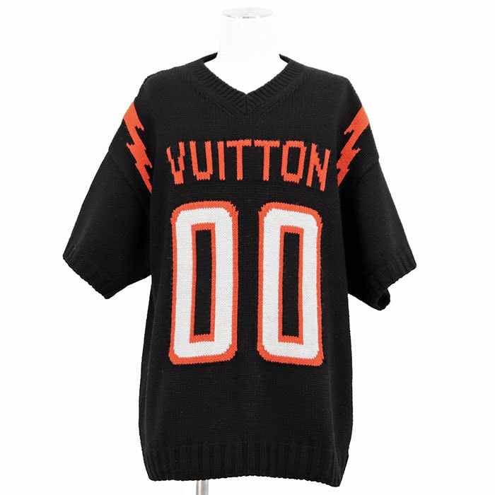 【美品】LOUIS VUITTON ルイ・ヴィトン ニット チャンキーインタールシア カシミヤブレンド サイズ 4L メンズ 2022SS ナンバリング Vネック ショートスリーブ ローゲージ トップス ブラック オレンジ 黒 橙色 イタリア製