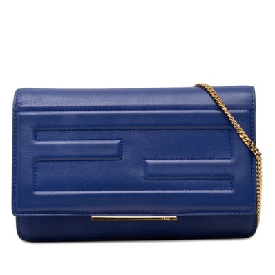 フェンディ FFロゴ 斜め掛け チェーン ウォレット ショルダーバッグ フラップ 8M0346 ブルー レザー レディース FENDI 【中古】