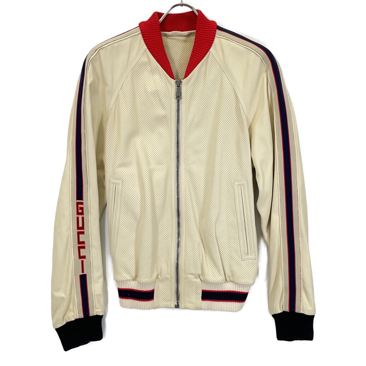 グッチ 497399 ベージュ ラムスキン バックロゴ パンチング レザージャケット ボンバージャケット 44