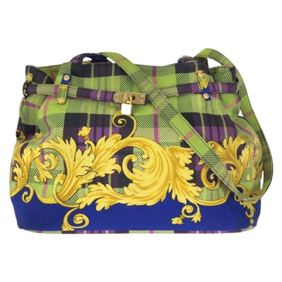 VERSACE ヴェルサーチ ヴィンテージ タータンバロック ブルー グリーン イエロー キャンバス ショルダーバッグ トートバッグ 603238 【中古】