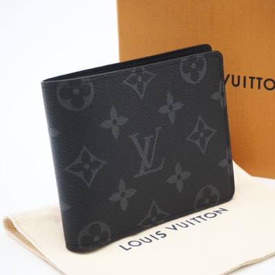 極美品 LOUIS VUITTON ルイ・ヴィトン モノグラム エクリプス ポルトフォイユ スレンダー M62294 二つ折り財布 ブラック グレー コーティングキャンバス レザー メンズ