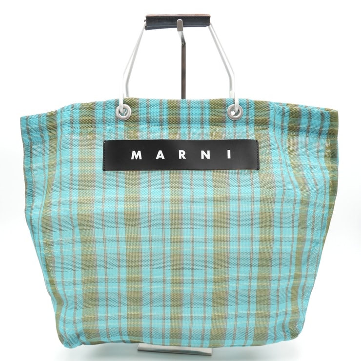 MARNI(マルニ)MARNI MARKET ナイロンメッシュ トートバッグ チェック柄 ターコイズ グリーン シルバー金具 レディース【中古】