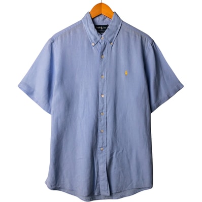 古着 ラルフローレン Ralph Lauren CUSTOM FIT 半袖 リネン ボタンダウンシャツ メンズL相当/eaa568973