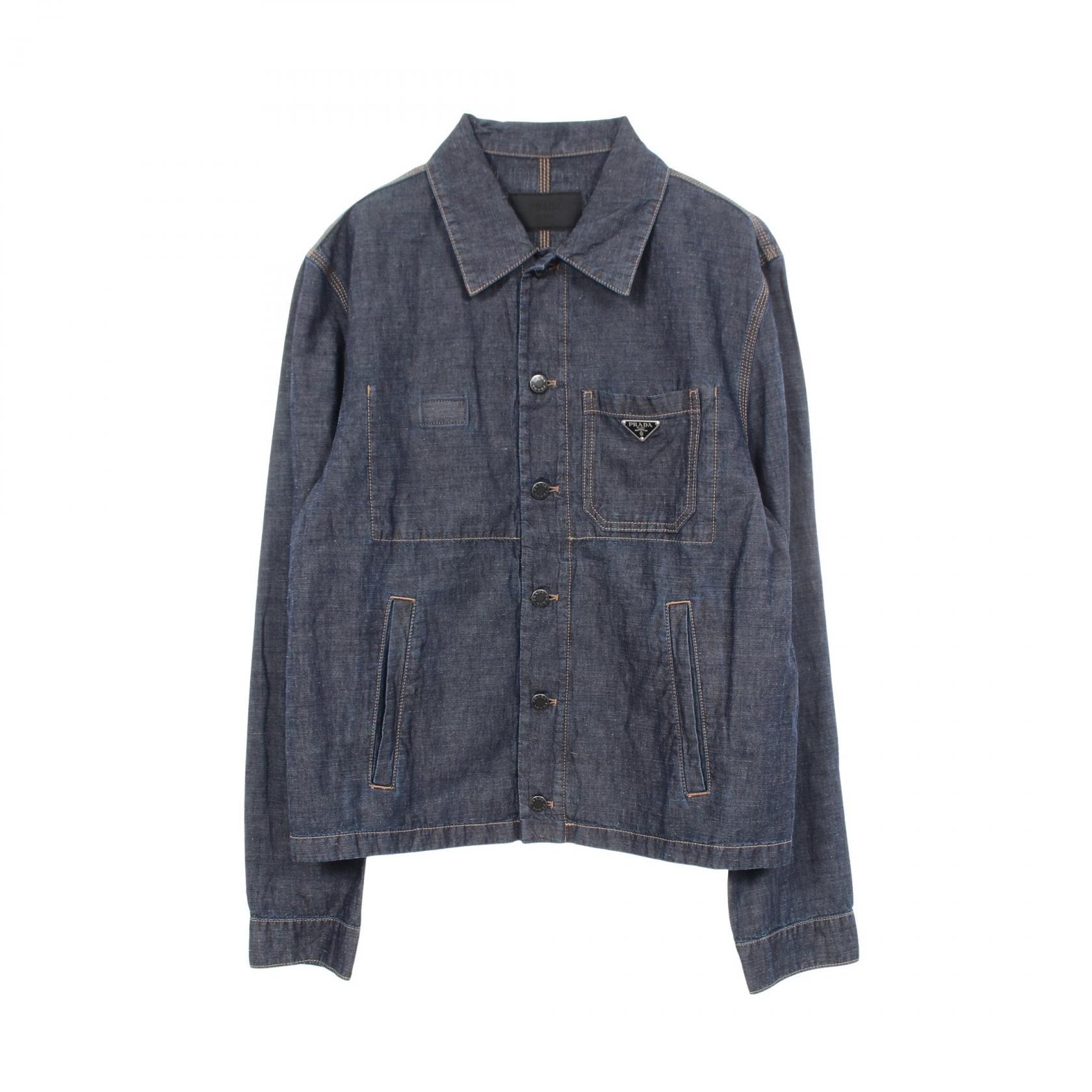 プラダ PRADA シャンブレーブルゾン デニムジャケット 衣料品 アウター コットン メンズ ネイビー系 【中古】