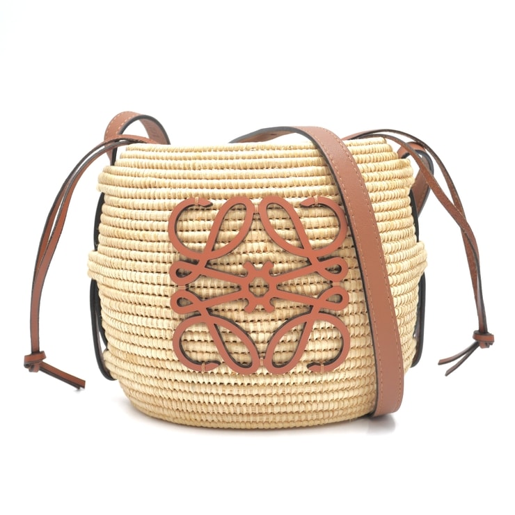 LOEWE(ロエベ)ビーハイブ バスケットバッグ ショルダーバッグ かごバッグ アナグラム ラフィア カーフレザー ナチュラル ブラウン 巾着型 斜め掛け レディース【中古】