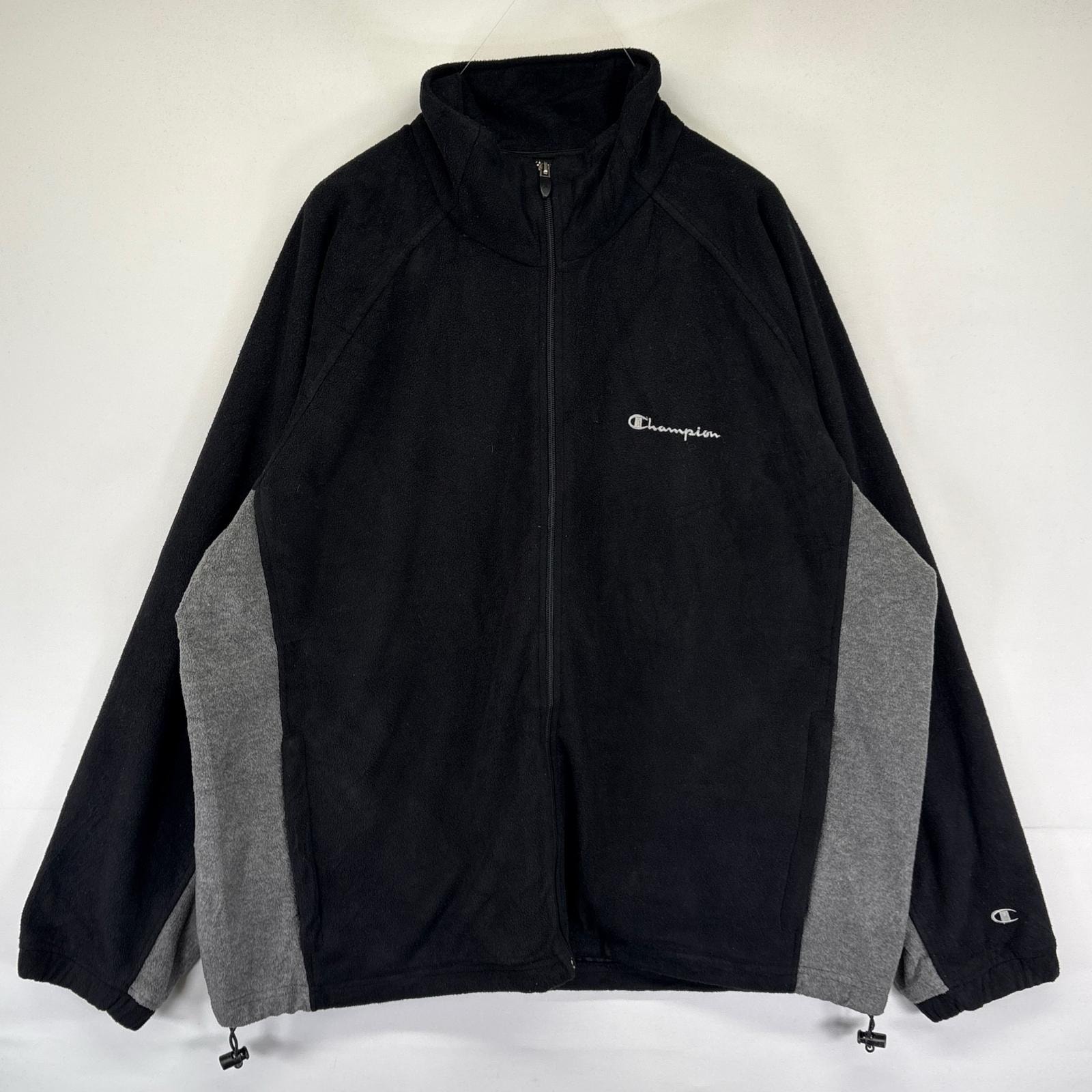 古着 チャンピオン Champion フリース ジャケット フルジップ ワンポイントロゴ 大きいサイズ ラグラン 2XL  ブラック系 ツートン メンズ