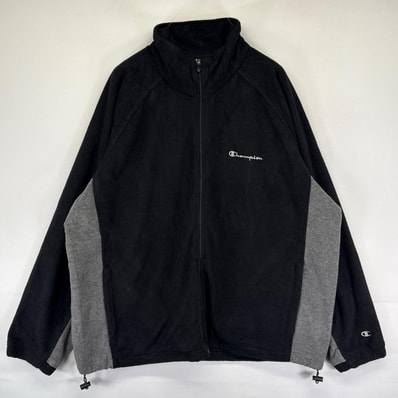 古着 チャンピオン Champion フリース ジャケット フルジップ ワンポイントロゴ 大きいサイズ ラグラン 2XL ブラック系 ツートン メンズ