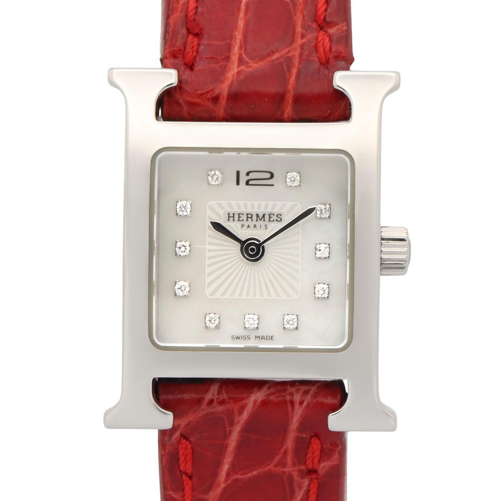 エルメス HERMES Hウォッチ ミニ ホワイトシェル 腕時計 時計 ステンレススチール ダイヤモンド レザーベルト ホワイト レディース ホワイト系 HH1.110 【中古】