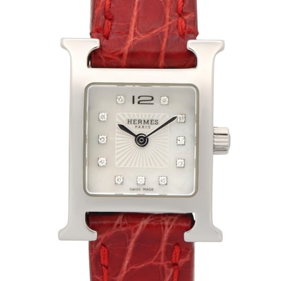 エルメス HERMES Hウォッチ ミニ ホワイトシェル 腕時計 時計 ステンレススチール ダイヤモンド レザーベルト ホワイト レディース ホワイト系 HH1.110 【中古】
