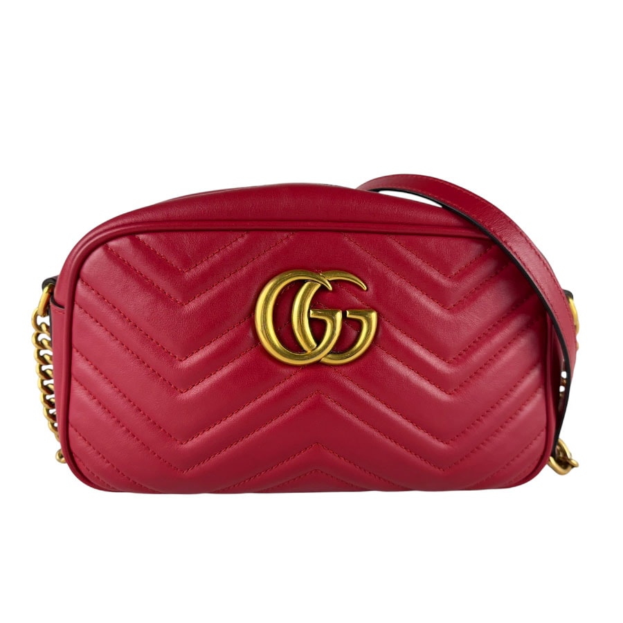 グッチ GUCCI 斜め掛けショルダーバッグ GGマーモント レザー/メタル レッド/ゴールド レディース 447632【中古】 z10685
