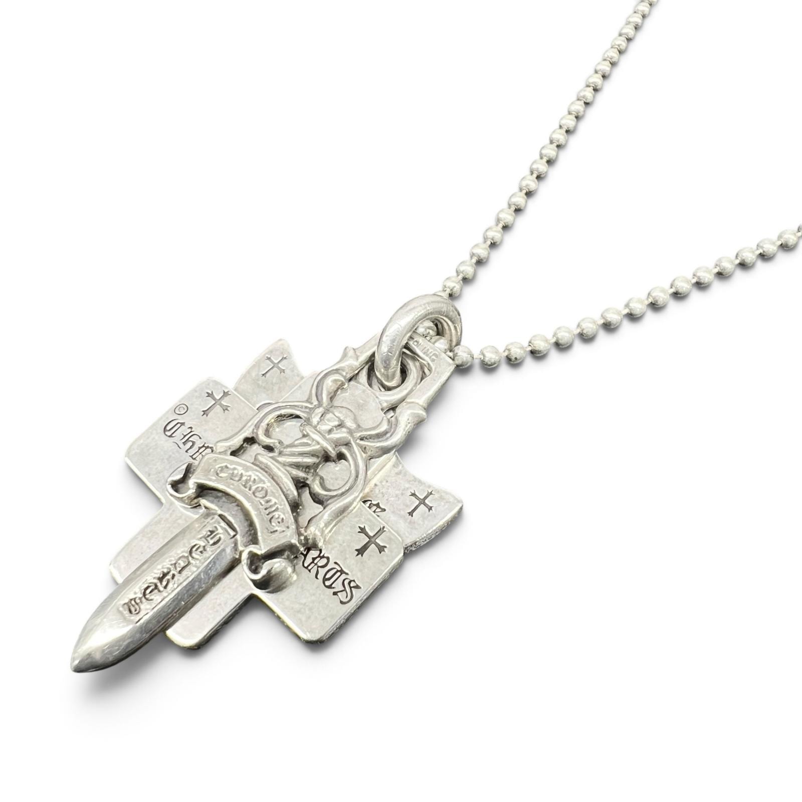 CHROME HEARTS 希少 クロムハーツ 3 TRINKETS 3トリンケッツ ボールチェーン ネックレス インボイス付属 クロス ダガー アンカー クロム ペンダントトップ Bランク 中古 鑑定済 クロムネックレス