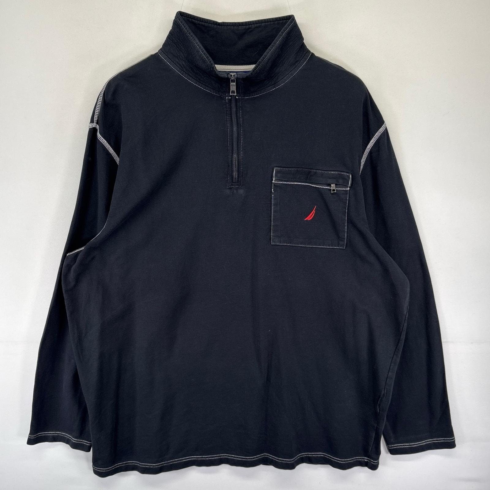 古着 ノーティカ NAUTICA スウェット ハーフジップ ワンポイントロゴ 胸ポケット トレーナー ロンT 2XL ブラック系 メンズ