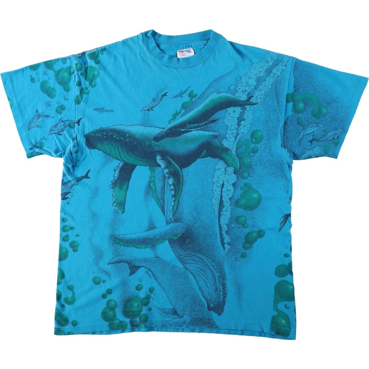 古着 90年代 Hanes BEEFY-T アニマル柄 クジラ柄 イルカ柄 オールオーバープリント アニマルTシャツ USA製 メンズL相当 ヴィンテージ/eaa680588