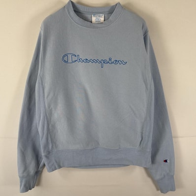 古着 チャンピオン Champion スウェット リバースウィーブ トレーナー プルオーバー ワンポイントロゴ刺繍 SMALL 水色 メンズ