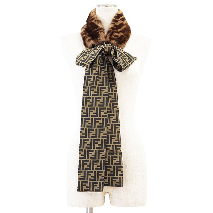 美品 フェンディ 2019年製 ミンク FF ズッカ柄 スカーフ ユニセックス ブラウン FENDI