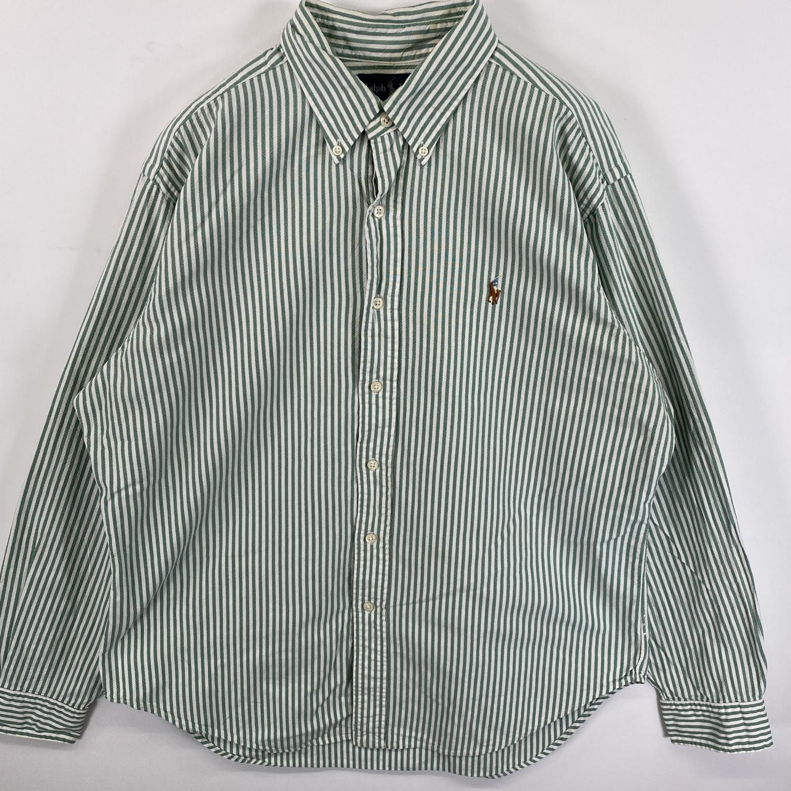 古着 ポロバイラルフローレン Polo by Ralph Lauren 長袖シャツ ボタンダウン ワンポイント ロゴ刺繍 L  グリーン系 ストライプ メンズ