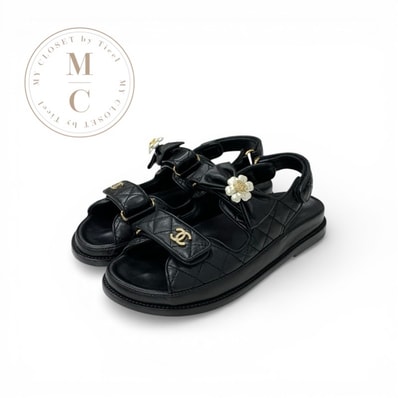 シャネル CHANEL サンダル 靴 シューズ レザー ブラック 黒 ゴールド ココマーク マトラッセ カメリア ラインストーン ベルクロストラップ