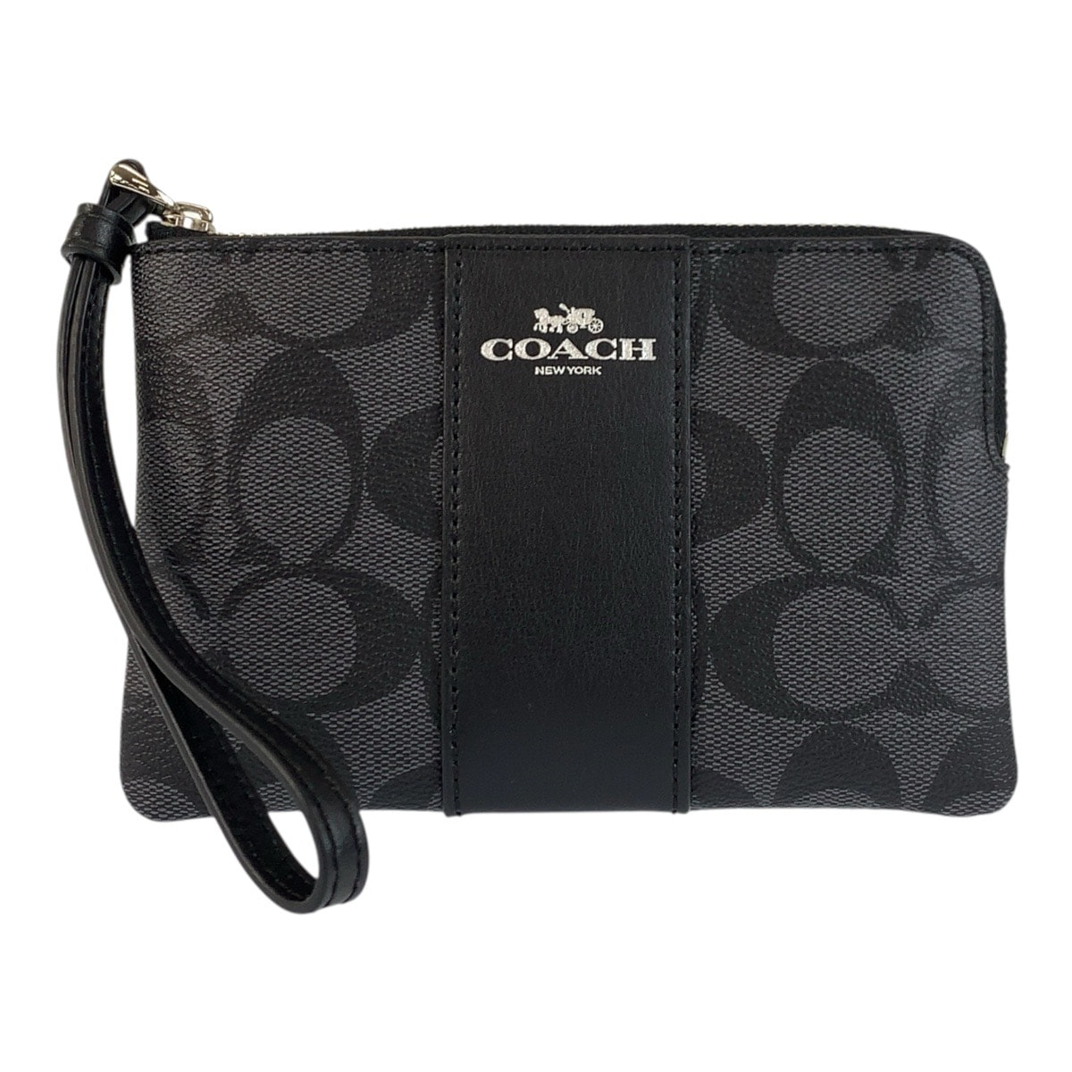 新品未使用 COACH コーチ シグネチャー コーナー ジップ リストレット ブラック 黒 シルバー金具 PVC ポーチ 601891 【中古】