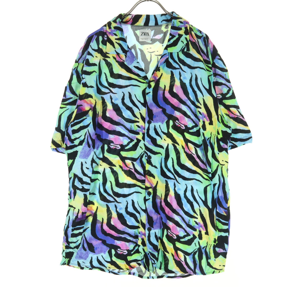 美品 ZARA ザラ ゼブラ柄 半袖 オープンカラーシャツ M レインボー