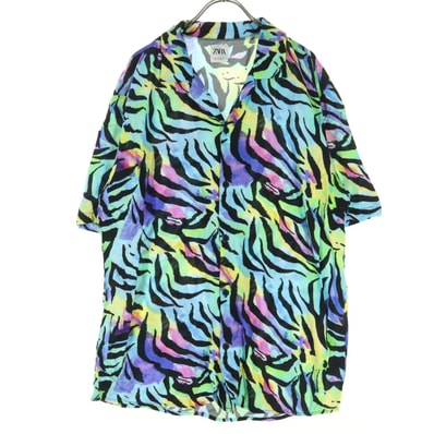 美品 ZARA ザラ ゼブラ柄 半袖 オープンカラーシャツ M レインボー