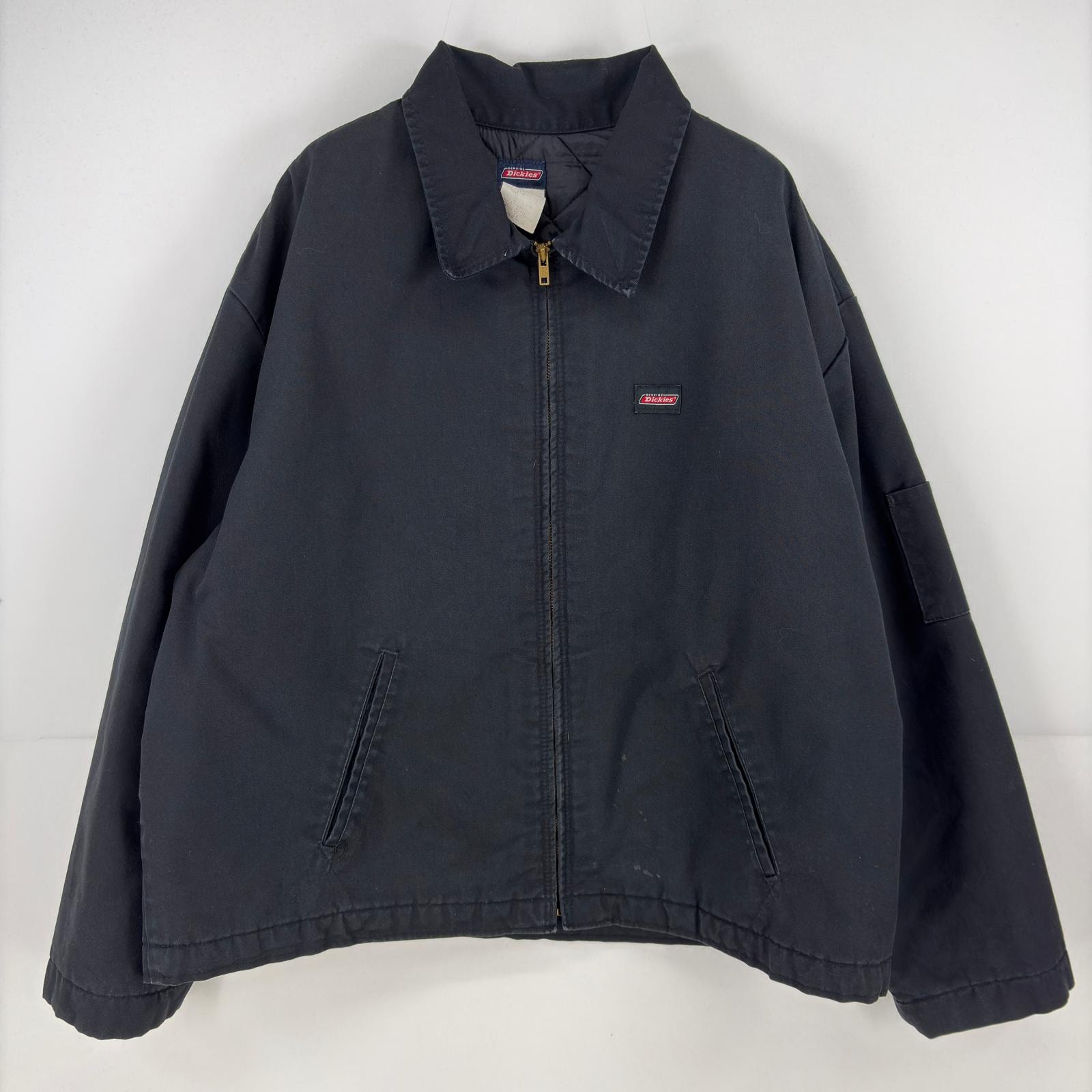 古着 ディッキーズ Dickies ジャケット 中綿 ロゴ ワーク 大きいサイズ フルジップ ワンポイント 作業着 襟付き 2XL ブラック メンズ