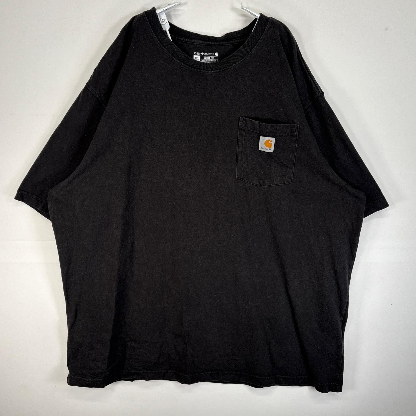 古着 カーハート Carhartt 半袖Tシャツ ワンポイント ロゴ 肉厚 大きいサイズ 胸ポケ フェード 2XL  ブラック系 無地 メンズ