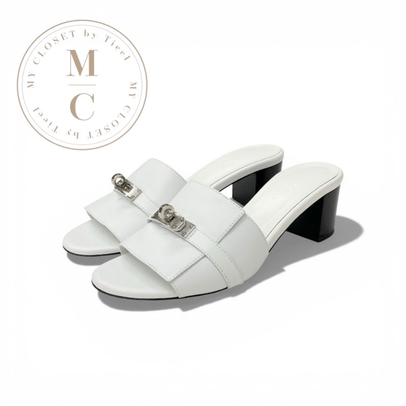 エルメス HERMES ジジ サンダル 靴 シューズ レザー ホワイト 白 シルバー ケリー金具 ミュール