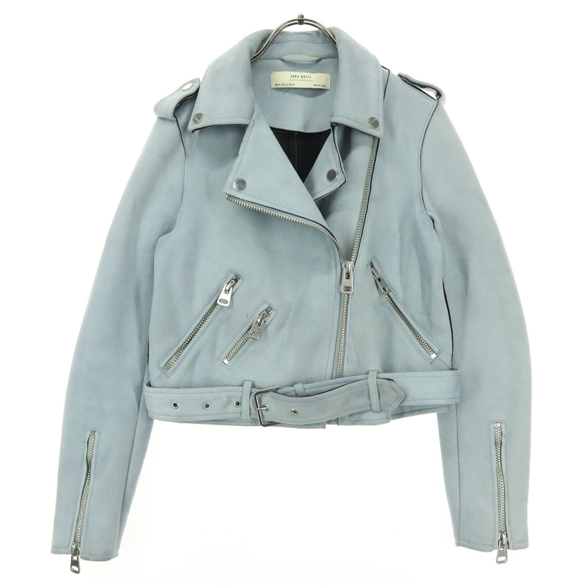 ZARA BASIC ザラベーシック 長袖 フェイクスエード ダブルライダースジャケット XS ブルー系