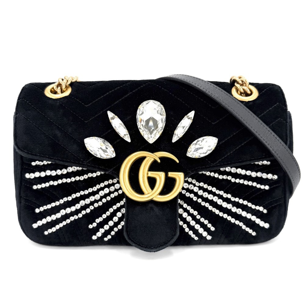 GUCCI グッチ ショルダーバッグ GGマーモント キルティングスモールチェーンショルダー ビジュー 肩掛け 斜め掛け ハート 443497 ベルベット クリスタル ブラック 黒 アンティークゴールド金具 レディース【中古品】