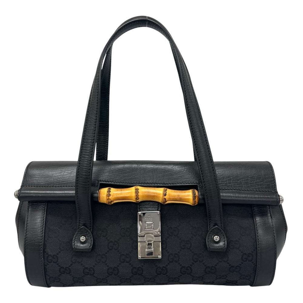 GUCCI グッチ ハンドバッグ バンブー 肩掛け 111713 GGキャンバス    ブラック 黒 シルバー金具 レディース【中古品】