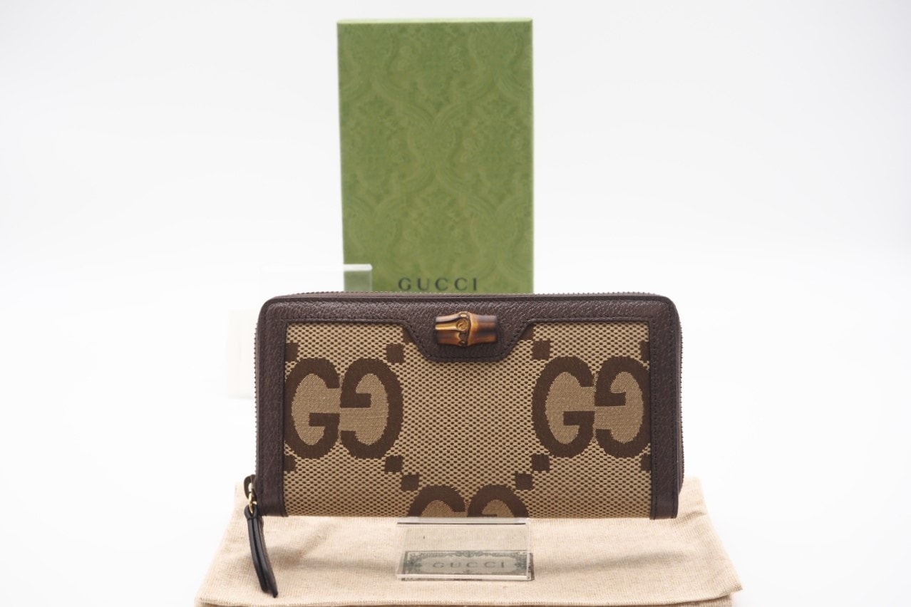 極美品 GUCCI グッチ ジャンボGG ラウンドジップウォレット 658634 長財布 ブラウン ベージュ キャンバス レディース