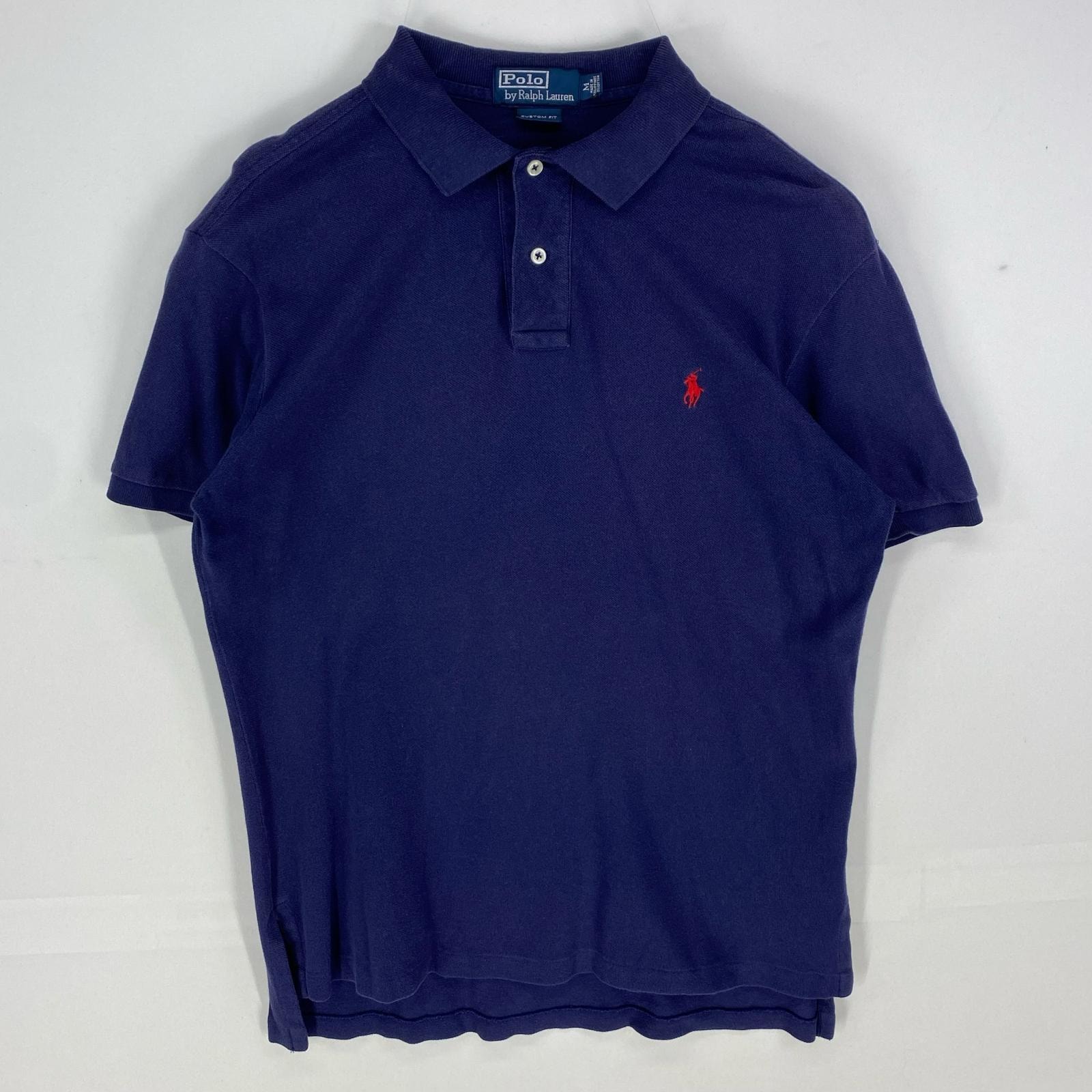 古着 ポロバイラルフローレン Polo by Ralph Lauren 鹿の子 半袖シャツ 刺繍 ワンポイント ポロシャツ ロゴ M ネイビー系 メンズ