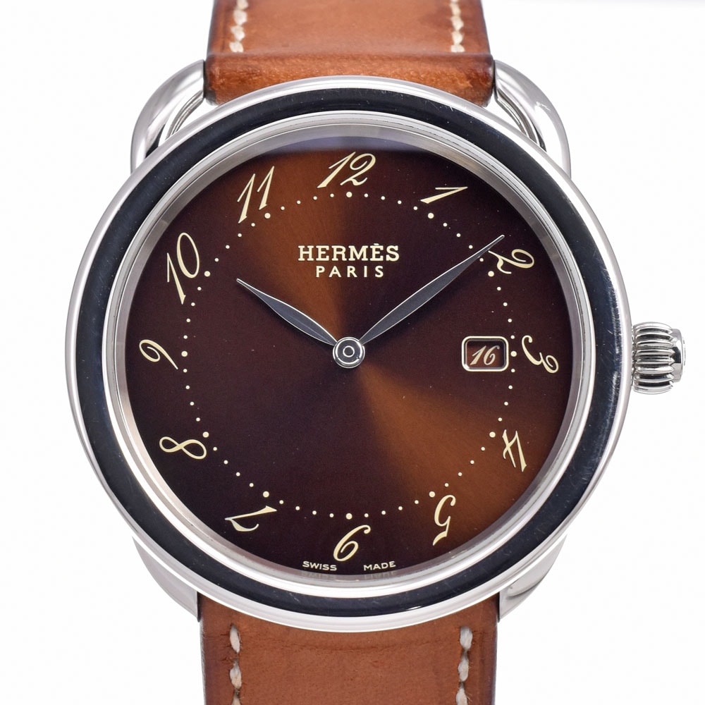 エルメス HERMES AR5.710 アルソー デイト ブラウン クォーツ メンズ 美品 内箱付き 腕時計 J#150104