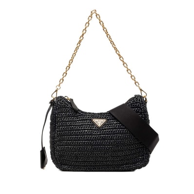 プラダ 三角ロゴプレート リエディション2005 チェーン ショルダーバッグ ブラック ラフィア レディース PRADA 【中古】