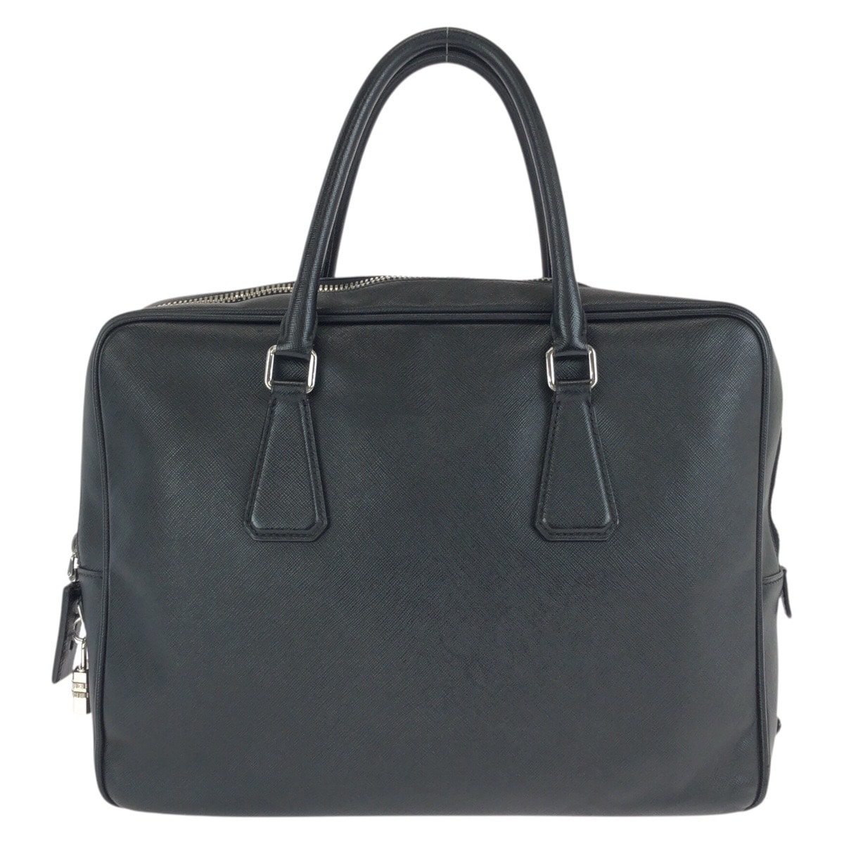 美品 PRADA プラダ サフィアーノ 三角ロゴプレート ブラック 黒 シルバー金具 レザー ビジネスバッグ ブリーフケース 602464 【中古】
