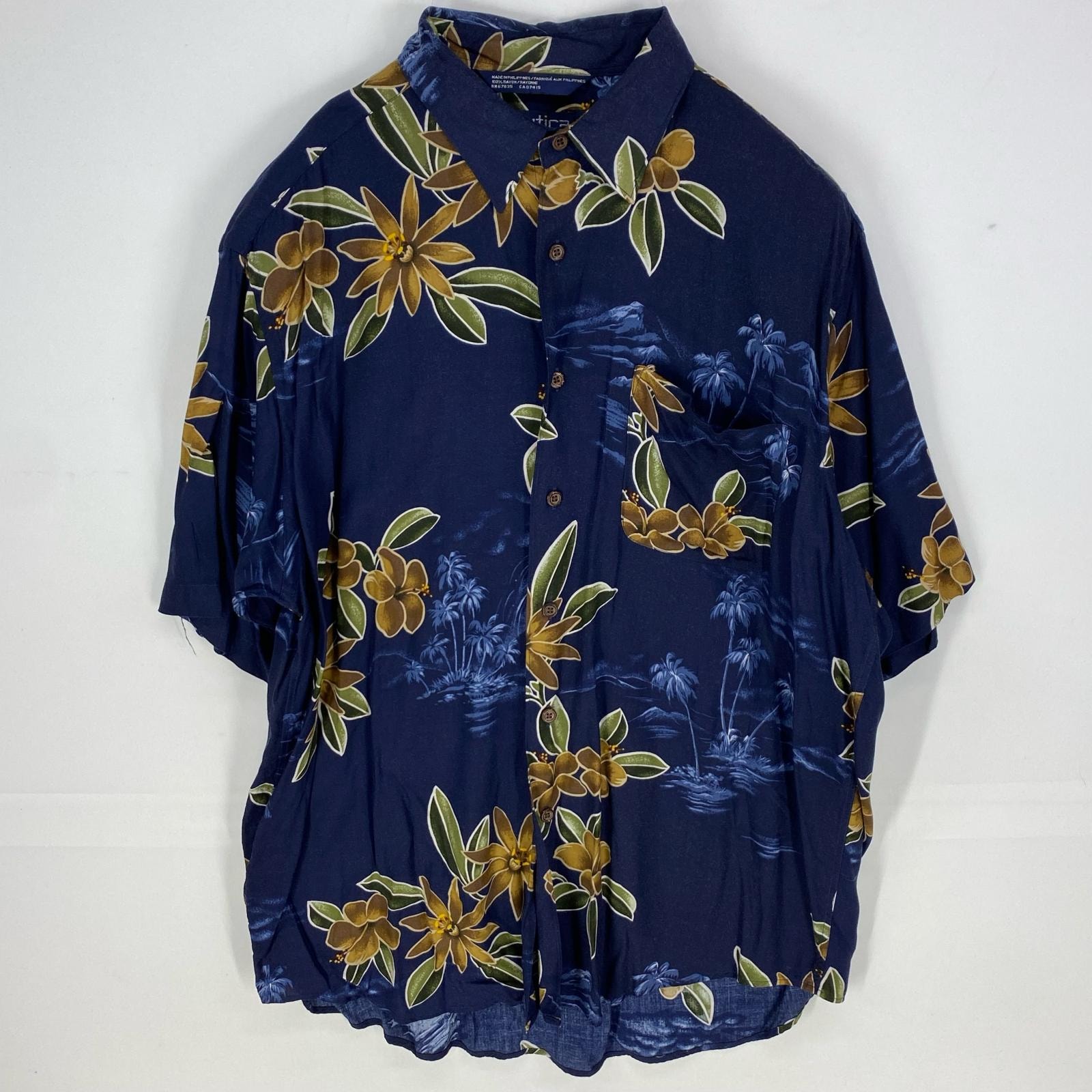 古着 ノーティカ NAUTICA 半袖シャツ 花柄 アロハ 開襟 オープンカラー 胸ポケット L ネイビー系 総柄 メンズ