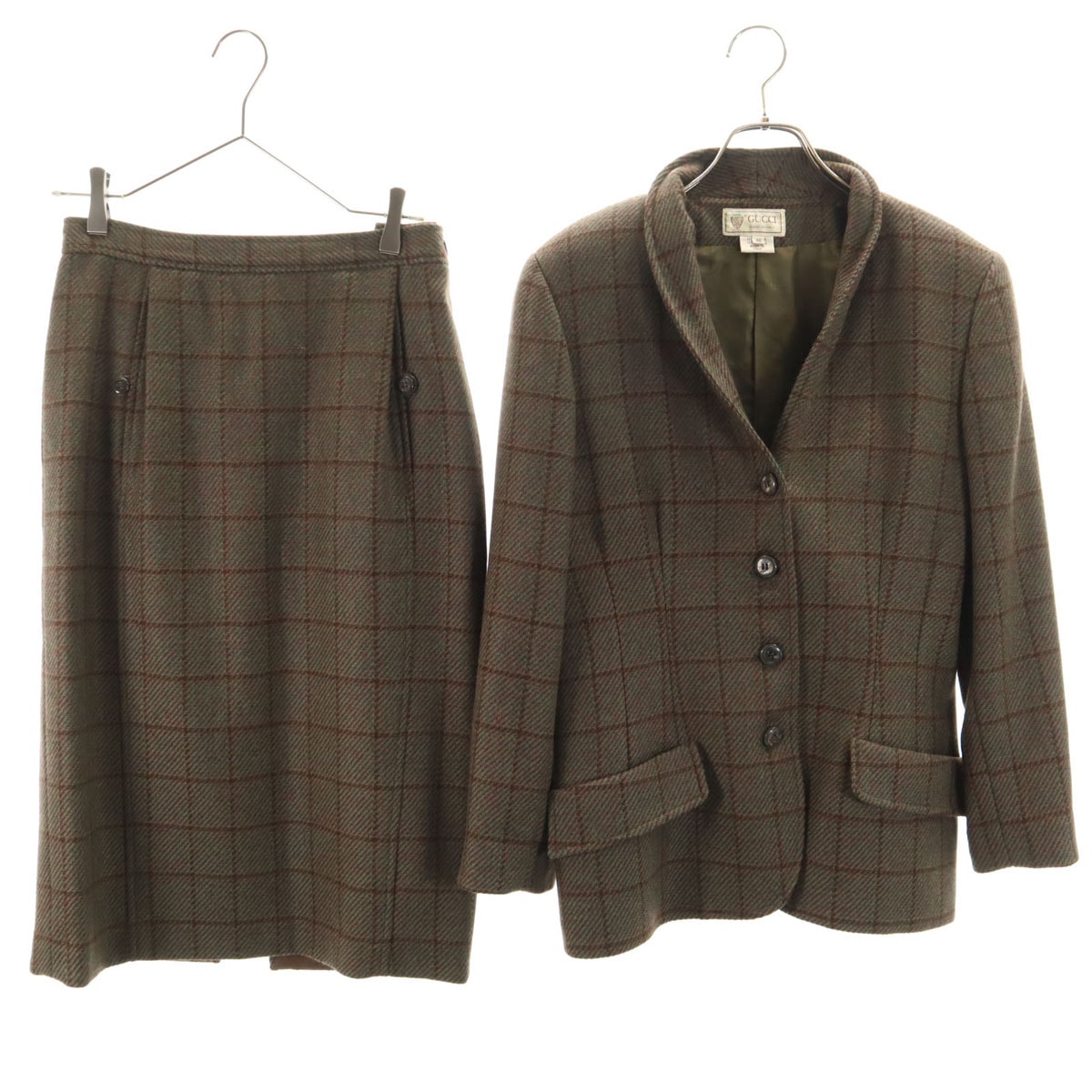 GUCCI グッチ 80s イタリア製 ウール ヴィンテージ オールド チェック柄 スカートスーツ 上下セットアップ 46 グリーン系